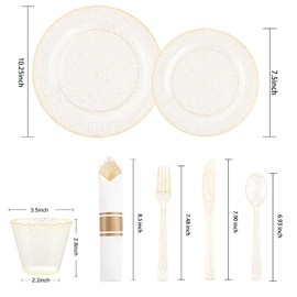 DaYammi 210PCS Gold Glitter Plastic Dinnerware Set for 30 Guests, Fancy Disposable Plates for Party, Include: 30 Dinner Plates, 30 Dessert Plates, 30 Pre Rolled Napkins with Gold Silverware, 30 Cups