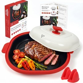 AHJ Microwave Grill Pan with Lid, Microwave Cooker Multi-Use for Grilling, Frying, Browning and Crisping, Microwave Griller & Crisper Pan for Grill Meat, Sandwich, Vegetable, Egg, Potatoes (Red)
