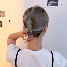 Butterfly Hair Clips 1PCS Butterfly Metal Hair Claw Clip Big Nonslip Gold Hair Clamps Hair Accessories Butterfly Tassel Hair Catch Clip for Women and Thinner Thick Hair Styling Fashion Hair Supplies (Golden, One size)