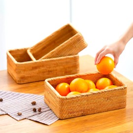 Natural Rattan Storage Baskets Set of 3 - Handwoven Wicker Organizers with Linen Liners, Multi-Use Decorative Bins for Kitchen/Bathroom/Living Room (Rectangular)
