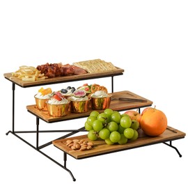 ZONEYILA 3 Tier Serving Stand with Wooden Serving Platter, Tier Serving Trays with Collapsible Sturdier Rack, Rectangle Wood Trays for Thanksgiving, Christmas, Entertaining, 14 Inch