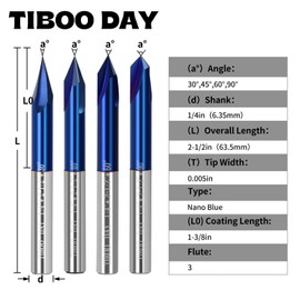 90 Degree V Groove Router Carving Bit V Tool Carving CNC Tools with Nano Blue Coated 1/4" Shank Cutting Diameter for CNC Wood Carving Milling Engraving and Chamfering Lettering