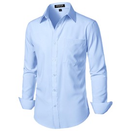 JEMITOP Men's Stretch Regular Fit Long Sleeve Dress Shirts Formal Wedding Prom Business Casual Button Down Up Shirts with Pocket Light Blue L