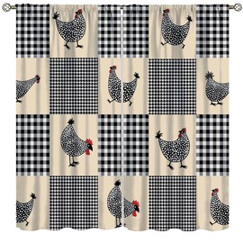 Cortinas clásico de decoración de gallo para cocina, granja vieja en blanco y negro a cuadros de dibujos animados abstractos de animales de pollo para niños y niñas, recámara de sala de estar, 42 x 45