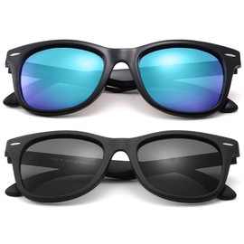 COASION Kids Sunglasses Age 4-12, 2 Pack Girls Boys Polarized TPEE Rubber Flexible Shades Glasses for Big Kids (Matte Black Frame/Grey Lens+Bright Black Frame/Green Mirrored Lens)