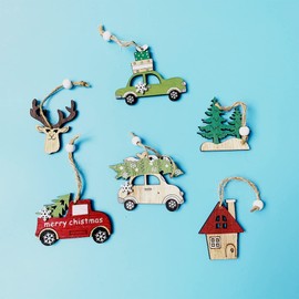 Pack of 12 Wooden Christmas Tree Decorations Pendants, Wooden Christmas Pendants for Bedrooms, Living Rooms, Offices, Shop Windows, Cafés, Restaurants (3 Colours)