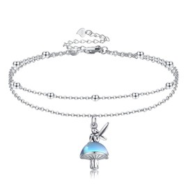 VENACOLY Mushroom Anklet Sterling Silver Moonstone Mushroom Fairy Multilayer Anklet Bracelet Foot Jewellery Gifts for Women