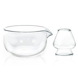 CAMATET Matcha Bowl and Whisk Holder Set, Glass Matcha Bowl with Spout, Ceremonial Mixing Chawan, Clear Traditional Japanese Matcha Kit for Tea/Matcha Powder/Soup - Hammer Pattern