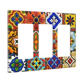 Mexican Talavera Ceramic Pattern 3 Gang Rocker Light Switch Plate Triple Decora Outlet Wall Cover Faceplate Decorative Wallplate for Bathroom Home Bedroom Decorate