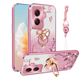 for Moto G Stylus 5G 2024 Case TPU Luxury Crystal Butterfly Heart Floral Magnetic Shockproof with Kickstand [Glitter Card & Strap] Protection Cover for G Stylus 5G 2024 (Glitter Rose)