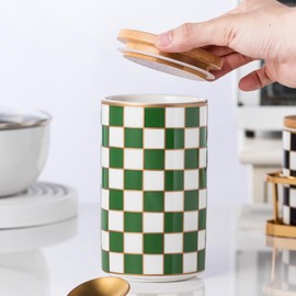 XYQXYQ Kitchen Countertop Ceramic Checkered Canisters,Black And White Food Storage Containers With Lid,Airtight Kitchen Canisters for Flour, Sugar, Coffee, Tea, and Dry Goods (Green, Large)