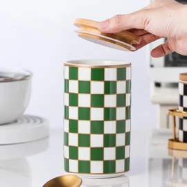 XYQXYQ Kitchen Countertop Ceramic Checkered Canisters,Black And White Food Storage Containers With Lid,Airtight Kitchen Canisters for Flour, Sugar, Coffee, Tea, and Dry Goods (Green, Large)