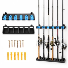 Fishing Rod Holder Wall Mount Rack Organizer, Holds 6 Rods and Combos, Fishing Pole Holders for Garage, Boat or Home Storage, EVA Foam Grip, 12.6 Inch Space-Saving Design (Vertical (Black-Blue))