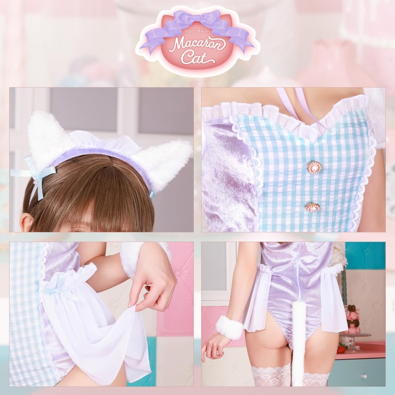 Clearstone Macaron Cat Cosplay Halloween Check Leotard Women's Blue
