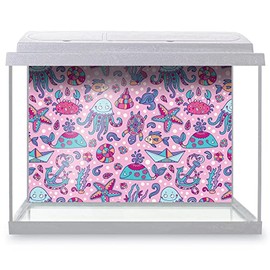DV DESIGN Aquarium Fish Tank Background 32x21 cm - Sea Creatures Seamless Pattern Illustration Pink Marine Static Cling Vinyl Vivarium Terrarium External Application #500169