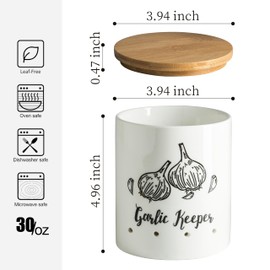 LYEOBOH Garlic Keeper, Garlic Storage, Garlic Holder, Large Ceramic Garlic Keeper with Wooden Lid, Garlic Jar, Garlic Storage Container, White