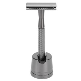 Zinc Alloy Safety Razor Men Portable Brass Handle Double Edge Shaving Razor with Base for Face Grooming Black