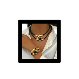 sunglnl Gold Jewelry Set, Bohemian Double-Layer Black Rope With Oval Black Acrylic Pendant Necklace And Bracelet Set Vintage Trendy Gold Necklaces Bracelets For Women Gift, Large, Acrylic Zinc, No