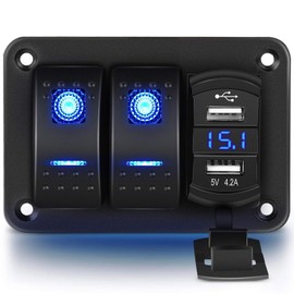 Greluma 2-Way Rocker Switch Aluminium Plate with Voltmeter and Dual USB (4.2A) Fast Charge, Blue Illuminated LED, Pre-Wired, IP65, Waterproof for Marine, Boat, Car, Truck (Blue)
