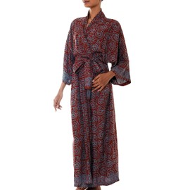 NOVICA Artisan Robe Rayon Cotton | Handcrafted Long Batik Art | Sleepwear V Neck Casual | Loungewear | Knit Bathrobe | Belted Tie Closure | Scuba Patterned | Indonesia Floral 'Morning Aster'