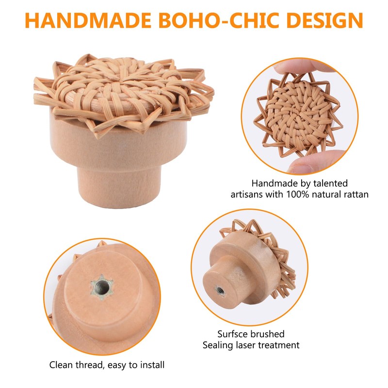 MOROBOR Boho Rattan Dresser Knobs, 6PCS Sunflower Shaped Wood Drawer