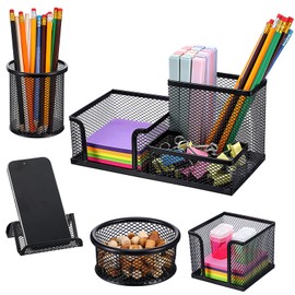 zisiueel Black Mesh Pen Holder for Desk Pencil Holders 5 Pieces Desk Organizer Office Supplies Caddy with Sticky Notes Holder for Office Home