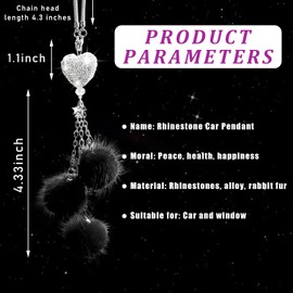 Dickno Bling Car Hanging Ornament, Cute Love Heart and Pink Plush Ball Rear View Mirror Pendant for Women Girls, Crystal Auto Rearview Mirror Charm Decor Accessories for All Vehicles (Black)