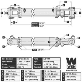 WEN TR2504 2500 PSI Tie Rod Hydraulic Cylinder with 2.5 in. Bore and 4 in. Stroke