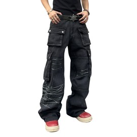 DFGIGT Mens Goth Baggy Cargo Jeans with Pockets Steampunk Patchwork Embroidery Wide Leg Denim Pants Jinco Punk Casual Fashion Cargo Pants Y2k Gothic Relaxed Loose Oversized,A10 Black,X-Small