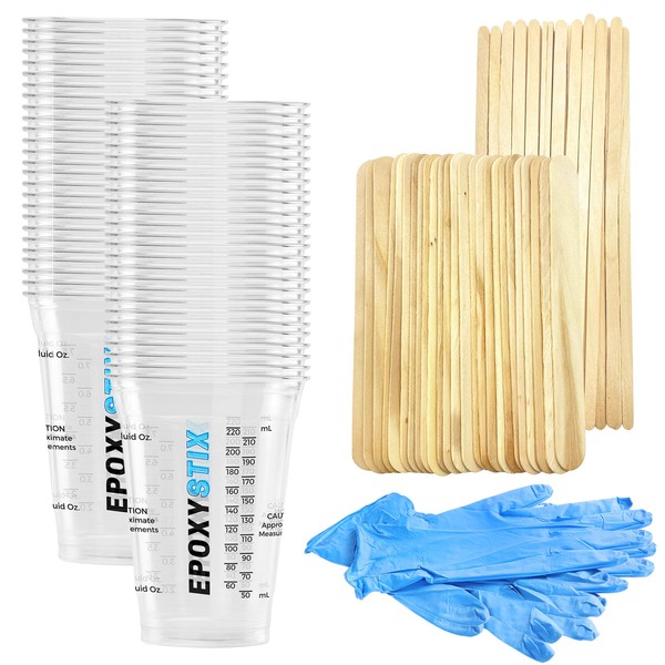 [Pack of 50] Disposable Measuring Cups for Mixing Epoxy Resin - Measurements in mL and Oz - Bonus Pack With 25 Applicator Sticks, 25 Mixing Sticks and 2 Pairs of Nitrile Gloves