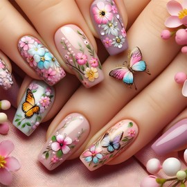 Flower Press on Nails Medium Coffin False Nails with Butterfly Designs Green Leaf Spring Stick on Nails Glossy Pink Fake Nails Full Cover Reusable Summer Glue on Nail for Women Girls Manicure 24Pcs