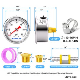 MEANLIN MEASURE Manómetro Presión Combustible Relleno Glicerina Acero Inoxidable 0-60 Psi 1/8" Npt 1.5" Face Dial Con Adaptador Presión Línea Combustible 3/8" Manómetro Lleno De