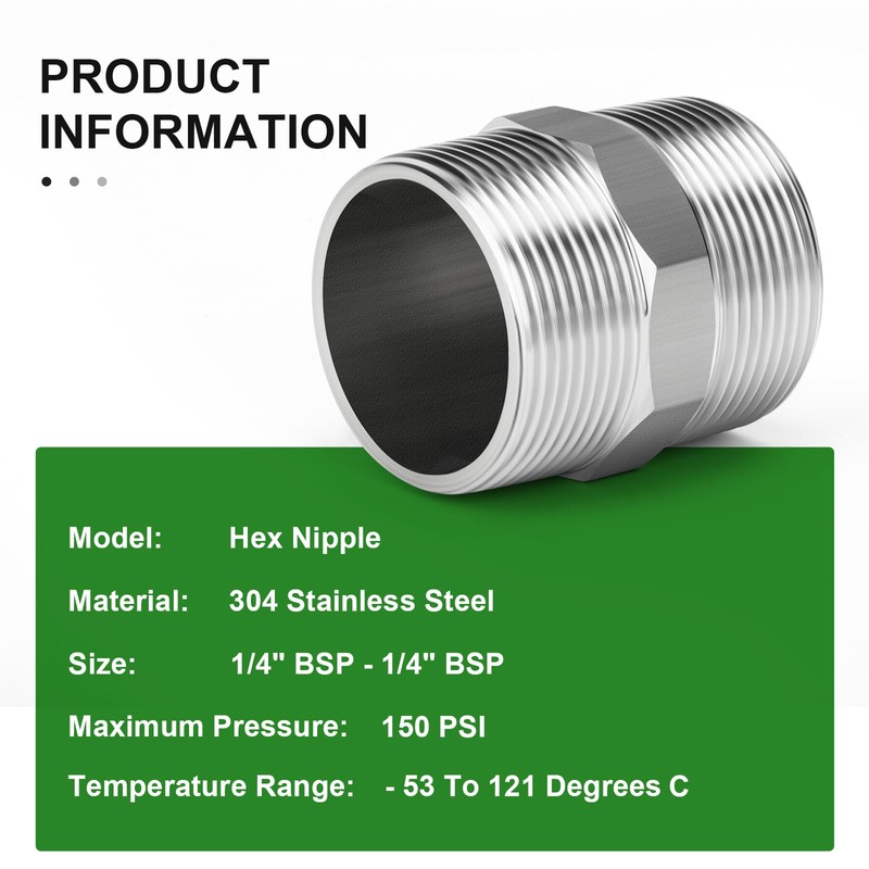 TAISHER 10PCS 304 Stainless Steel New Hex Nipple, 1/4" BSP