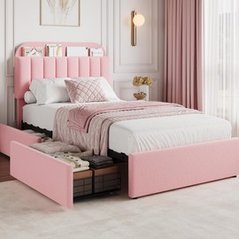 GarveeHome Pink Twin Bed Frame with Storage Headboard, Girls Bed Frame with 2 Drawers, Boucle Upholstered Platform Bed with Bookcase, No Box Spring Needed, Easy Assembly, Light Pink
