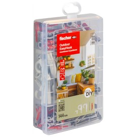 fischer easyDIY Box Outdoor EasyHook, 144-Piece Dowel and Screw Set Made of DuoPower Dowels, Hooks, Cover Caps and Stainless Screws, 6-8 mm Diameter, 30-40 mm Length, for DIY