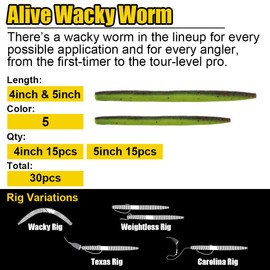 Wacky-Worms-Bass-Fishing-Lure-Kit-Wacky-Rig-Worms-Soft-Plastic-Stick-Baits3 4" 5" 6 inch(5in, 5 Colors,30pcs)