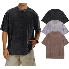rosemia Oversized Tshirts for Men Vintage Short Sleeve Shirts Acid Wash Basic Tees, 3 Pcs, Black Grey Brown, S