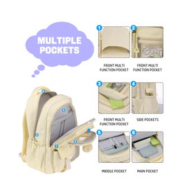 DIMPORY School Backpack for Girls, 15.6 Inch Laptop School Bags for Middle Students-Kindergarten Elementary College Backpacks,Large Backpack for Teen Girl Students Casual Travel Daypacks-Beige