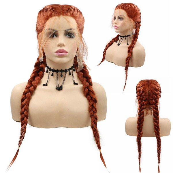 SereneWig Copper Red Double Braid Wig with Baby Hair Natural 360# Dark Orange 2 Braided Synthetic Lace Front Wig Party Clothing