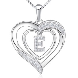 RIVIKO Heart Initial Necklace for Women, 925 Sterling Silver Dainty Letter Pendant Necklaces, Sterling Silver, Cubic Zirconia