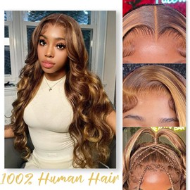YUNXING Ombre Lace Front Wig Human Hair Pre Plucked 13X4 Body Wave Lace Front Wigs Human Hair 200 Density Glueless for Women 10A human hair wig With Baby Hair 4/27 Colored 24Inch