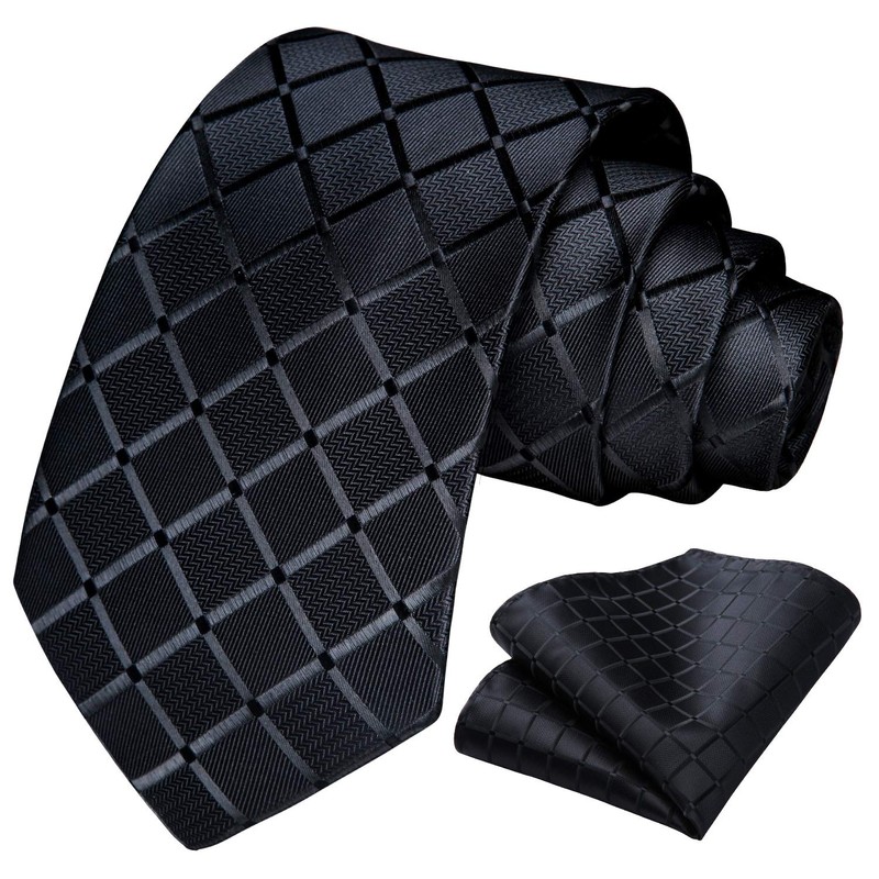 HISDERN Men's Checked Tie and Pocket Square Set - black