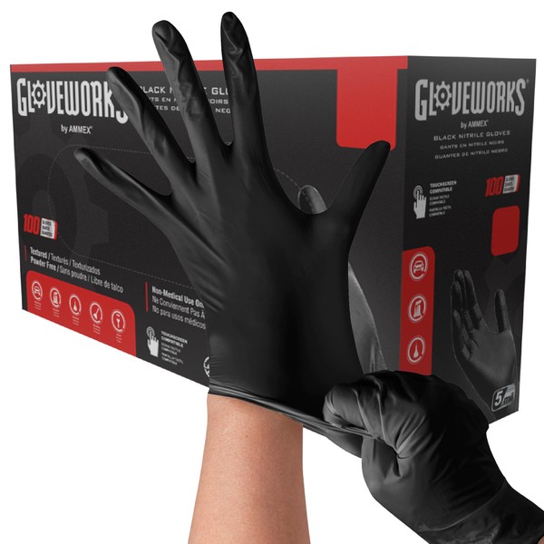 GLOVEWORKS Black Disposable Nitrile Industrial Gloves, 5 Mil, Latex & Powder-Free, Food-Safe, Textured, Medium, Box of 100