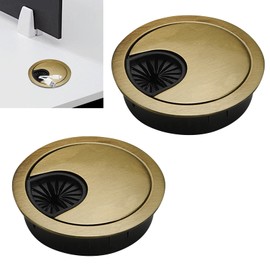 2 Pack 60mm Desk Cable Grommet Cover, One-Piece Molded Construction Cable Heavy Duty Zinc Alloy Hole Organizer with Adjustable Center Cable Hole for Office Computer Desk Worktops (Gold)