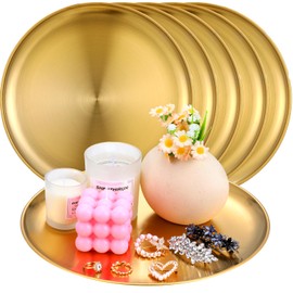 6 Pcs 12 Inch Round Gold Tray - Large Gold Tray Decorative Serving Bar Dish Key Bowl Mirror Dresser Vanity Tray for Jewelry Makeup Organizer, Bathroom, Candle, Perfume, Countertop