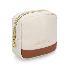 ‌Bolso de Maquillaje Pequeño para Bolso, Bolsa de Cosméticos de Cuero PU con Bolsillos Interiores y Cremallera, Ideal para Organizar y Viajar (Beige)