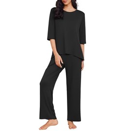 Ekouaer Womens Pajamas Sets 2 Piece Lounge Set 3/4 Sleeve Tops and Long Pants Soft Pjs Loungewear with Pockets Black Large