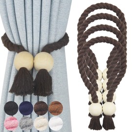 Nieffeiy 4 Pack Magnetic Curtain Tiebacks Cotton Hand Woven Tie Back Decorative Rope Holdbacks for Curtains Draperies No Tools Required, Coffee
