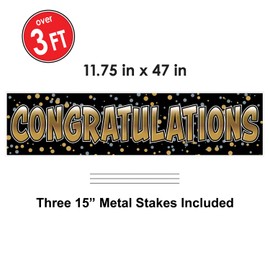 Plastic Jumbo Congratulations Yard Sign With Metal Stakes 11.75" x 47", Black/Gold/Silver