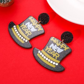 Beaded New Year Earrings for Women Happy New Year Hat Drop Dangle Earrings 2023 New Year's Eve Christmas Holiday Festive Party Accessory Jewelry Gifts (Acrylic black)